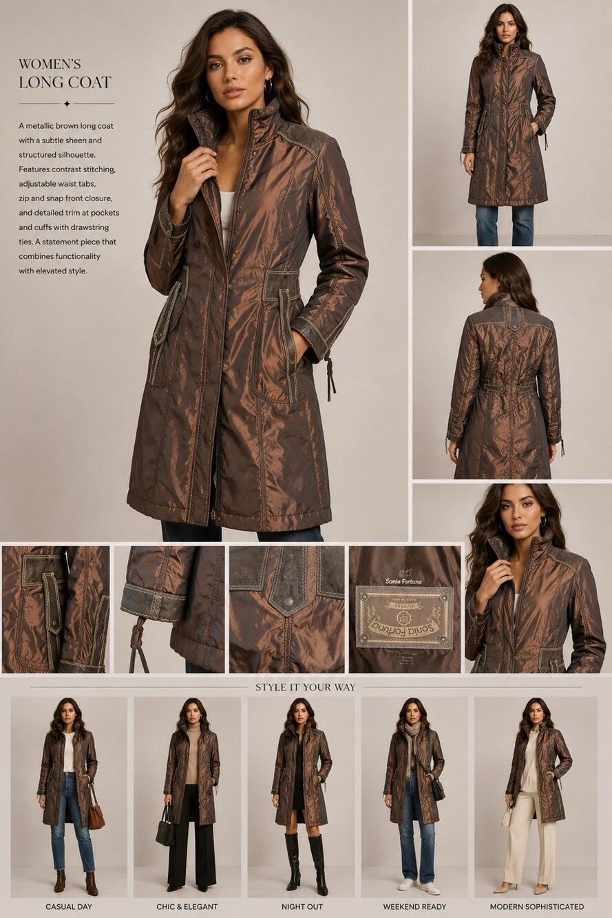 Sania Fortuna Metallic Brown Winter Coat for Women – Long Jacket with Pockets
